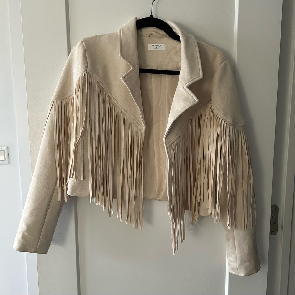 Cropped Fringe Jacket - Cream - S